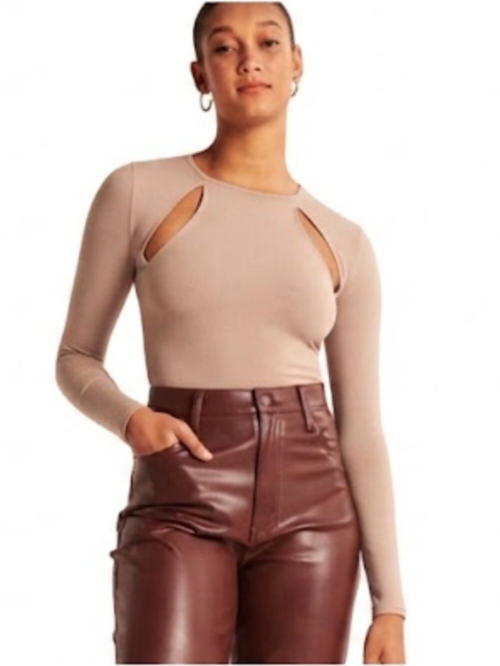 Abercrombie & Fitch Soft Long Sleeve Cutout Fitted Blouse Top Tan Size S